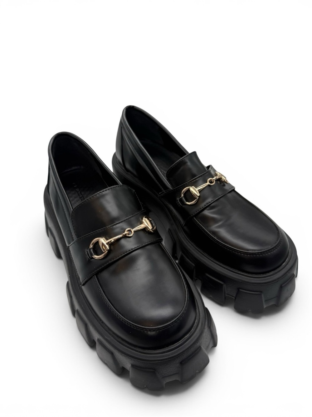 Princess Polly Black Faux Leather Lug Sole Loafers with Gold Hardware